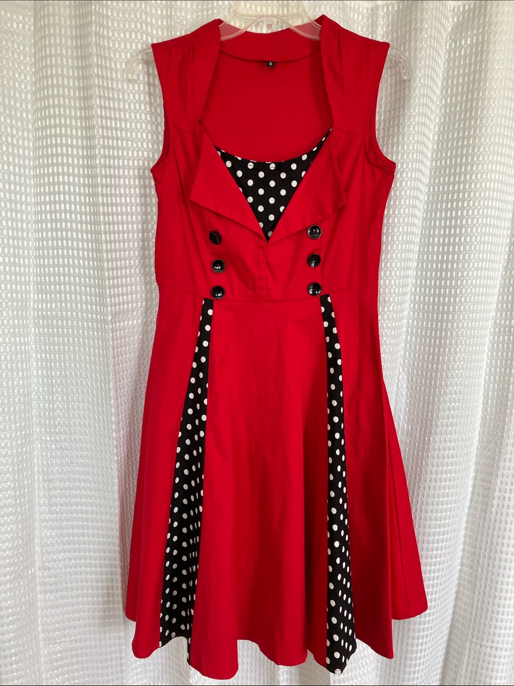 Rockabilly Red Fit & Flare Dress Black White Polka Dot Panel Button Front Small